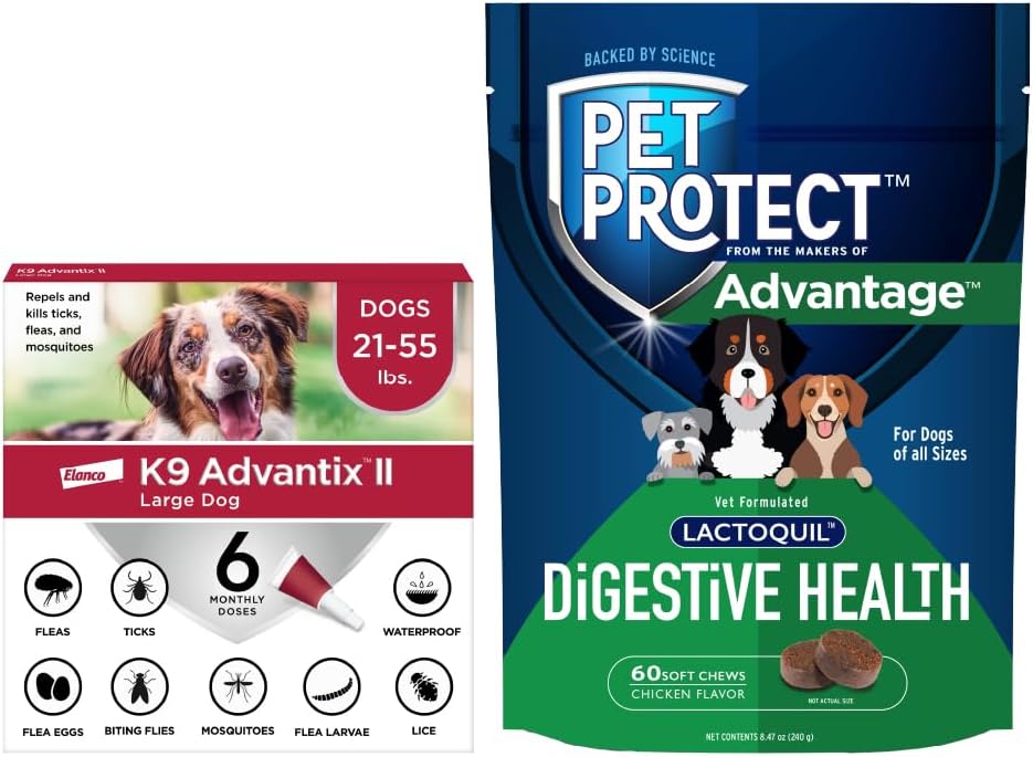 Bundle of K9 Advantix II Large Dogs 21-55 lbs. | 6-Mo Supply + Pet Protect Dog Digestive Health Supplement 60 Chews