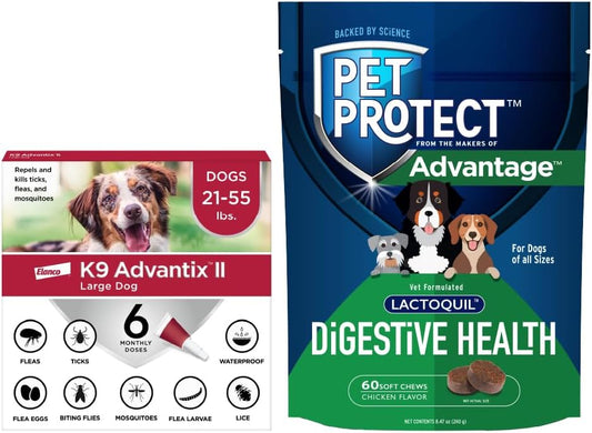 Bundle of K9 Advantix II Large Dogs 21-55 lbs. | 6-Mo Supply + Pet Protect Dog Digestive Health Supplement 60 Chews