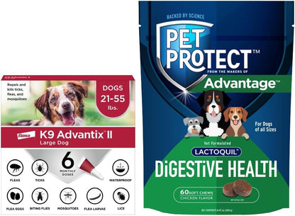 Bundle of K9 Advantix II Large Dogs 21-55 lbs. | 6-Mo Supply + Pet Protect Dog Digestive Health Supplement 60 Chews