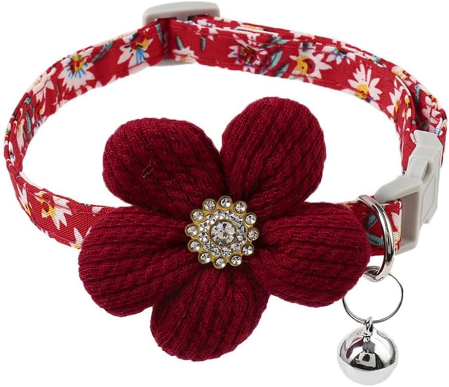 Red Flower XS Dog Collar Wth Bell, Dog Cat Collars Cute Puppy Collars Girls Adjustable for XXS Xs Small Pet Kitten Dogs Animal Litter Tiny