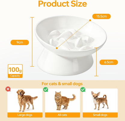 PETTOM Slow Feeder Cat Bowl, Ceramic Raised Cat Slow Feeder Bowl, Elevated, Anti Vomiting for Dry and Wet Food, White (1 Pack)