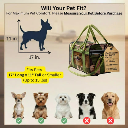 FLUFFY COMMUTE™ TSA Airline Approved Dog Carrier | Soft-Sided | Fits Small Dogs & Pets Up to 15 lbs & 17” Long × 11” Tall | Camo w/Green Handle