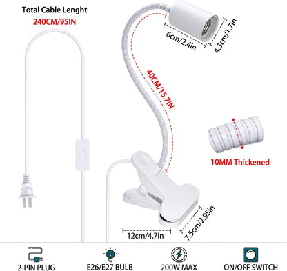 Aluminum Gooseneck Clamp on Desk Light Socket, Clip Lamp Holder E26 Desk Light Lamp with 240cm Cable, Turtle Tank Lights Heat for Reptiles, for Home Office Makeup(No Bulb)