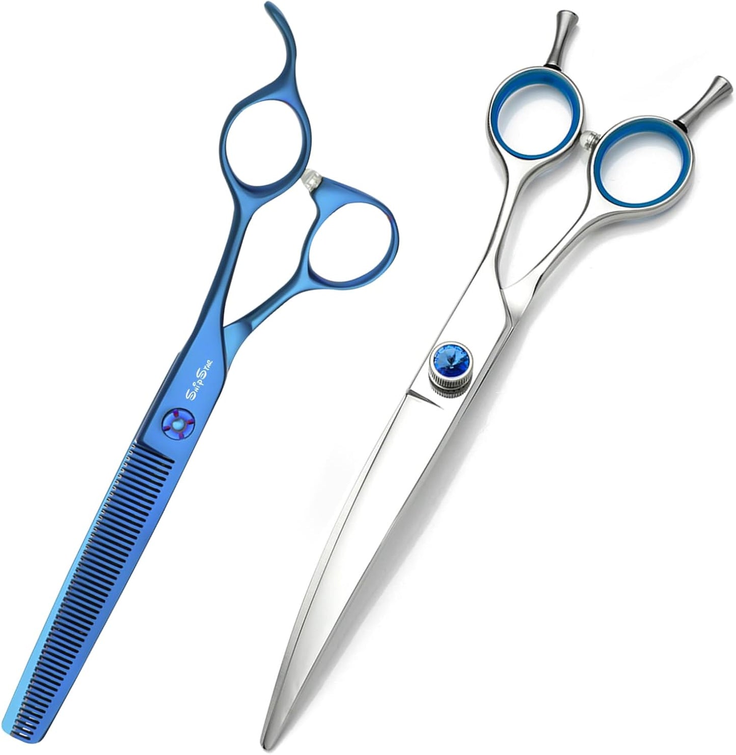 7.5in 25° Curved & 7in Thinning Shears for Dog Grooming, Professional Dog Grooming Scissors Set, VG10 Stainless Steel Sharp, Bend Pet Trimming Shears for Dogs Cats Groomer, Ergonomic with CNC Screw