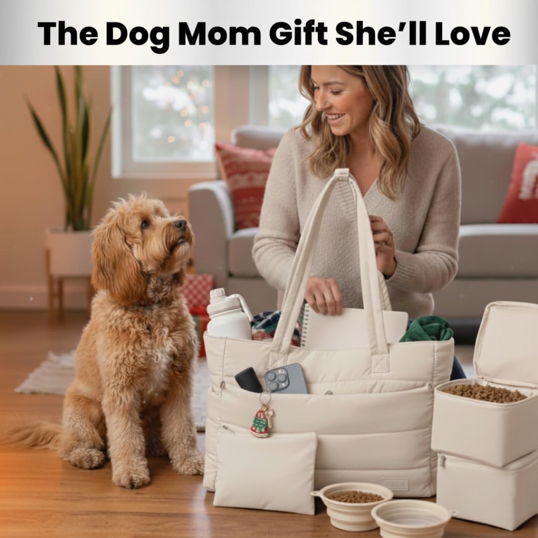 rubyloo Dog Mom Essentials Bundle - Puffer Tote with Storage Containers (Rust) and 32 oz Water Bottle with Detachable Bowl (I Love My Dog) - Travel Bag and Hydration Set