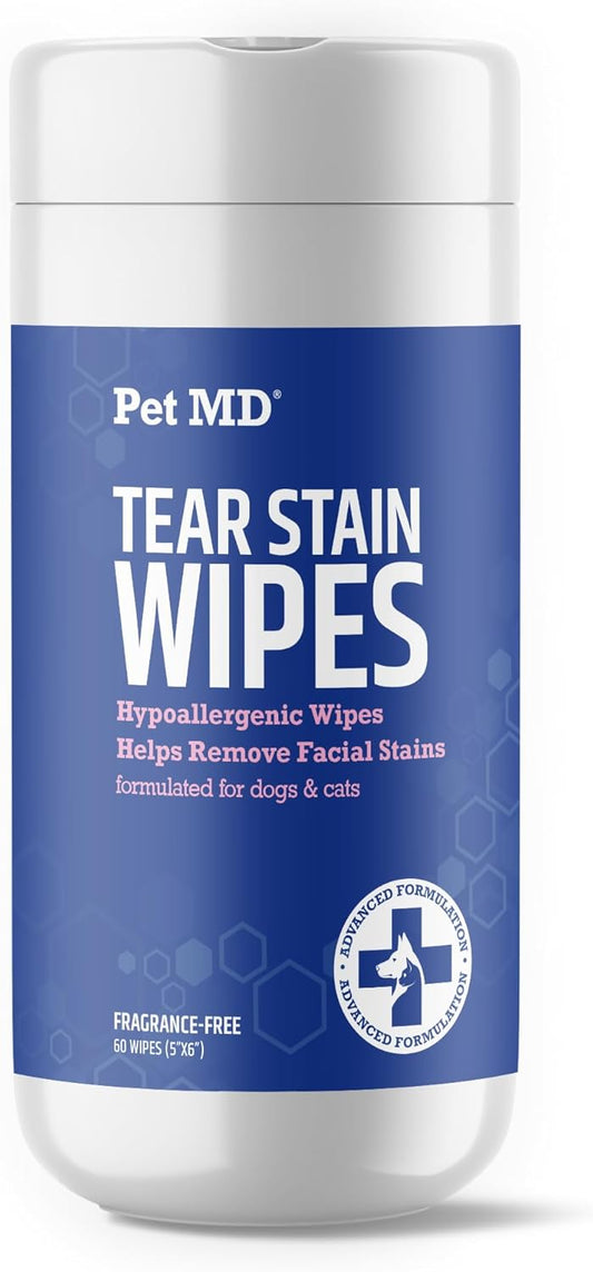 Pet MD Dog Tear Stain Remover Wipes - Cat and Dog Eye Wipes for Discharge and Crust - Pet Eye Wipes for Dogs - 60 ct