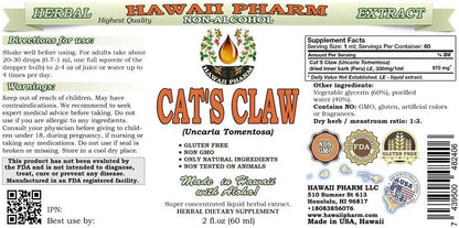 Cat's Claw Alcohol-Free Liquid Extract, Cat's Claw (Uncaria Tomentosa) Dried Inner Bark Glycerite Hawaii Pharm Natural Herbal Supplement 2 oz