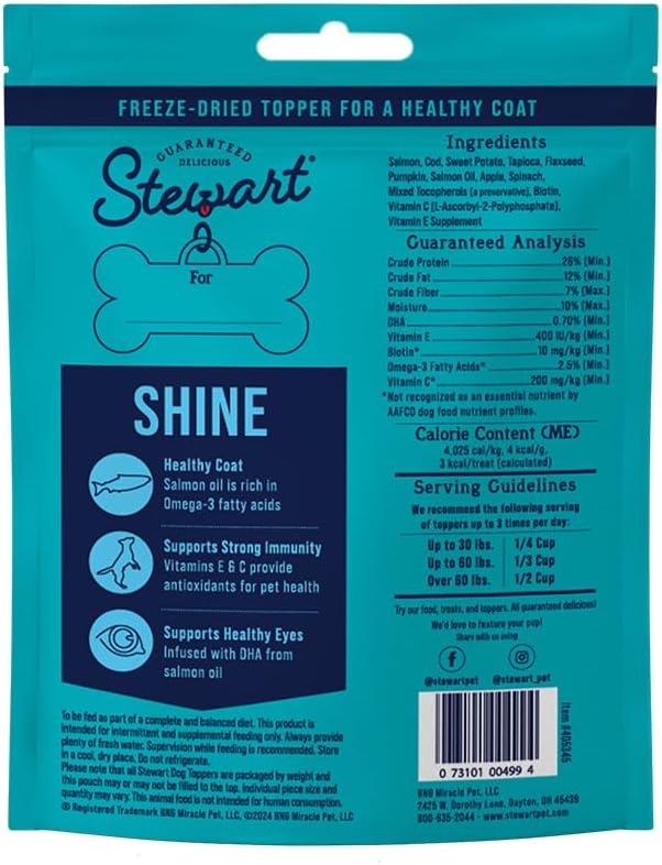 Stewart Freeze Dried Dog Food Topper, Shine, Salmon and Sweet Potato Recipe, 8 Ounce Pouch, Omega-3 for a Healthy Coat
