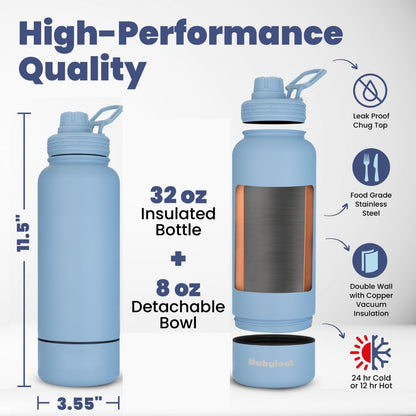 rubyloo Dog Mom Essentials Bundle - Puffer Tote with Storage Containers (Pink) and 32 oz Water Bottle with Detachable Bowl (Solid Dusty Blue) - Travel Bag and Hydration Set