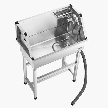 VEVOR Professional Dog Washing Station, 34 Inch Stainless Steel Pet Grooming Tub with Hot & Cold Faucet, Showerhead, Storage Rack, No-Bend All-in-One Bathtub, Home Wash Sink, Fits Small Cats and Dogs