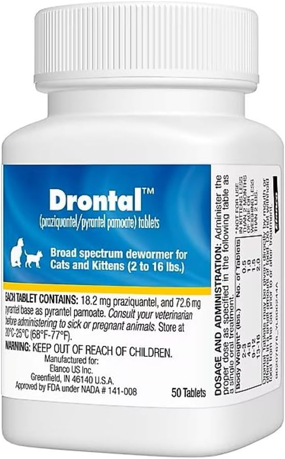 Elanco Drontal Broad Spectrum Cat and Kittens Dewormer for tapeworms, hookworms, roundworms. | 50 Tablets