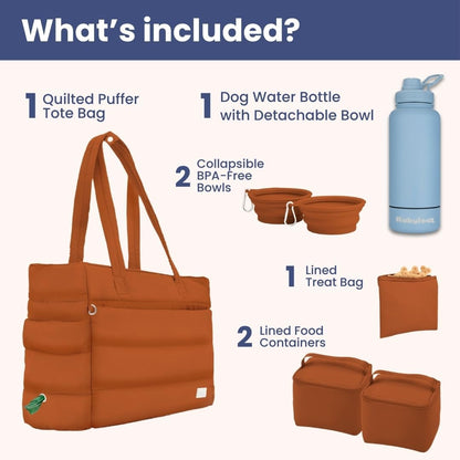rubyloo Dog Mom Essentials Bundle - Puffer Tote with Storage Containers (Rust) and 32 oz Water Bottle with Detachable Bowl (Solid Dusty Blue) - Travel Bag and Hydration Set