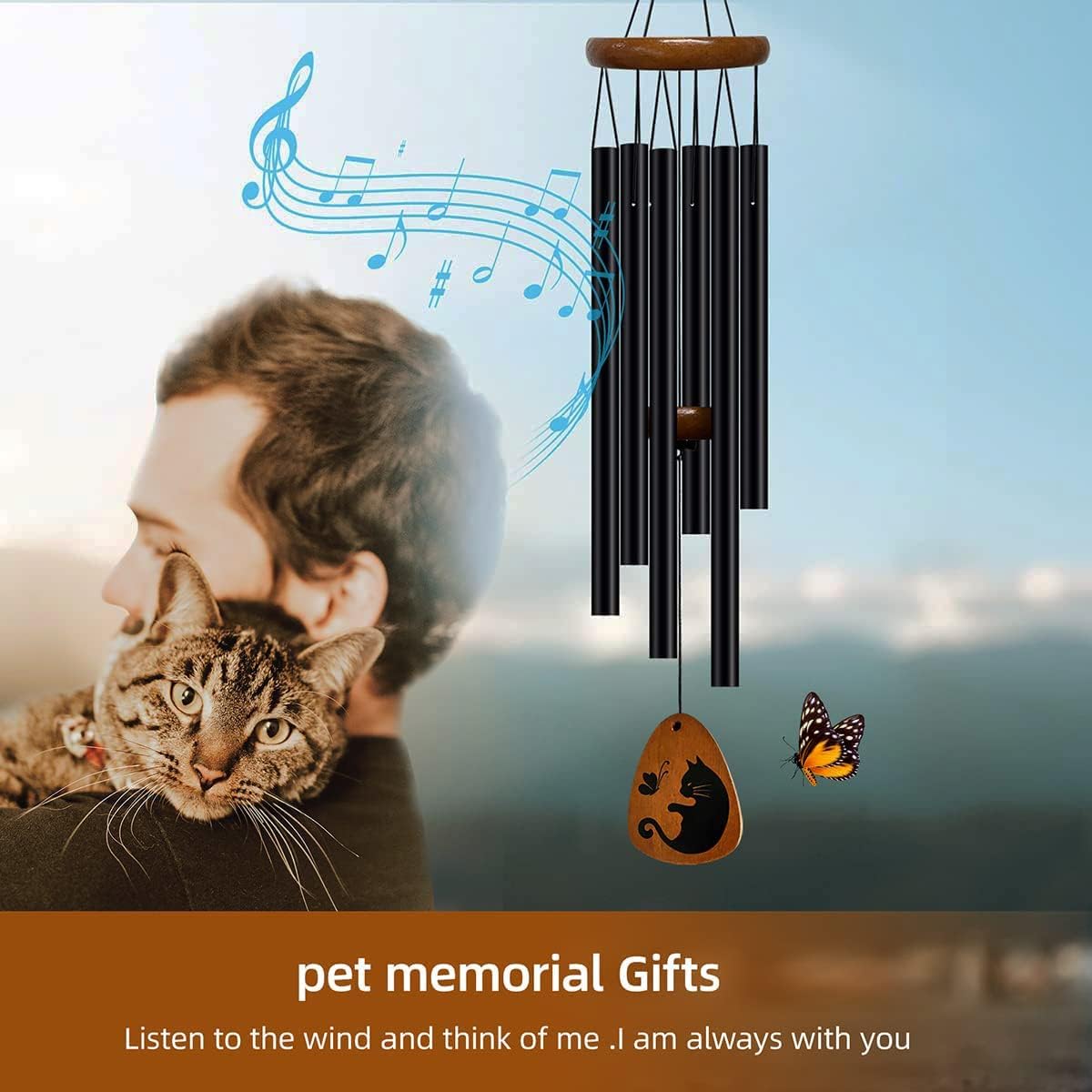Cat Memorial Wind Chimes & Bracelet, Sympathy Gifts for Cat Lovers, 28 inches
