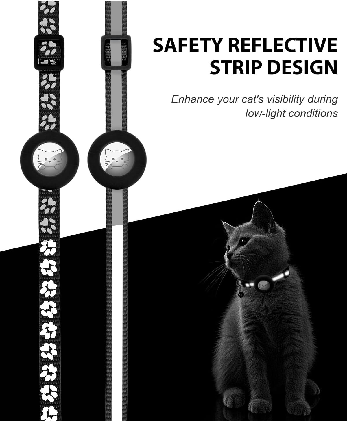 Joytale Reflective AirTag Cat Collar, Breakaway Buckle, 2 Pack Lightweight AirTag Holder Pet Collars with Bell, Adjustable 7.5-12.5 Inch for Girl Boy Cats Kitten Puppy, Black