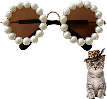 Cute Pearl Cat Sunglasses, Pet Sunglasses for Small Medium Dog/Cat, Holiday Party Pet Costume Accessories, Pet Doll Glasses Costumes, Cats Glasses Dog Sunglasses for Photography Party Wear