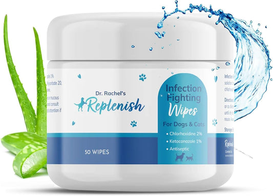 Replenish Antiseptic Wipes for Dogs and Cats - Dog Medicated Wipes with Chlorhexidine and Ketoconazole - Pet Grooming Wipes - Dog Allergy Wipes for Itch Relief, Hot Spots & Skin Irritation - 50 Count