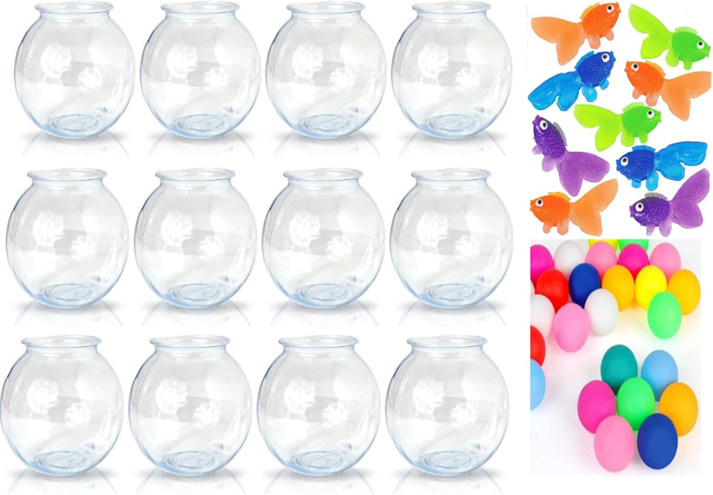 12 Pack 4 Inch Plastic Fish Bowls, 12 Pcs 2 Inch Colorful Goldfish Toys, 20 Pcs 40mm Balls for Carnival Game Supplies, Party Prizes Rewards Easter Egg Fillers Baby Shower Centerpieces