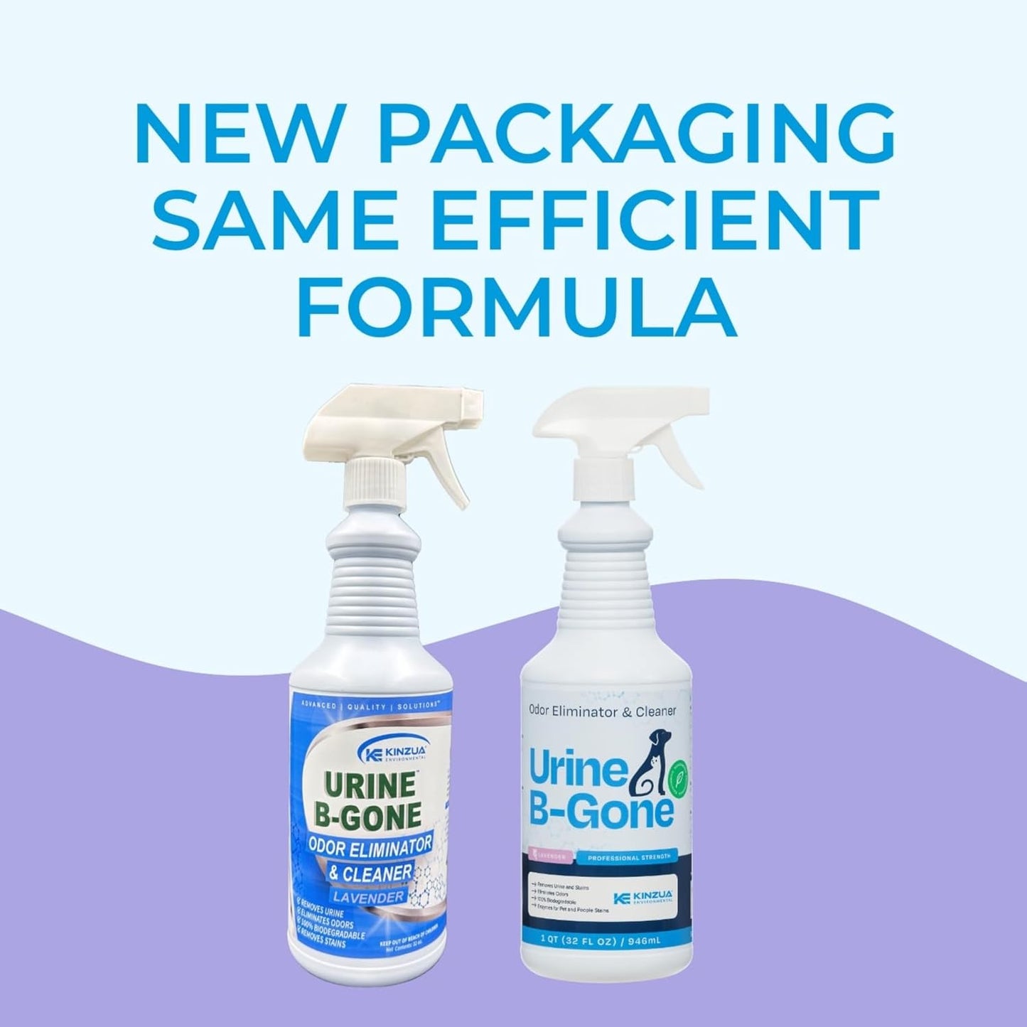 KINZUA ENVIRONMENTAL Urine B-Gone, Professional Enzyme Odor Eliminator & Pet Stain Remover, Human, Cat & Dog Urine Cleaner, Effective on Laundry, Carpets & More, Lavender Scent, 32oz