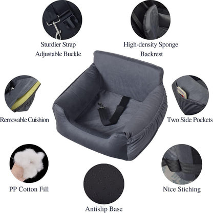 Coo&Dee Dog Car Seat Pet Travel Safety Pet Booster Seat Dog Bed for Car for Small Medium Dogs Under 32lbs with Storage Pockets Fully Detachable Machine Washable Easy Install (Grey Velvet)