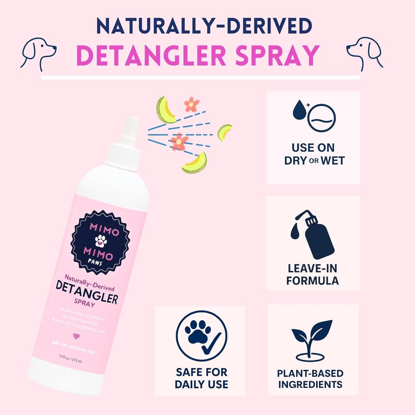 Naturally-Derived Dog Detangler Spray, Leave-in Conditioner for Mat & Tangle Removal, Hydrating Conditioning, Easy Brush, for Curly, Wavy, Long Coats, Sensitive Skin, Made in USA, 16oz