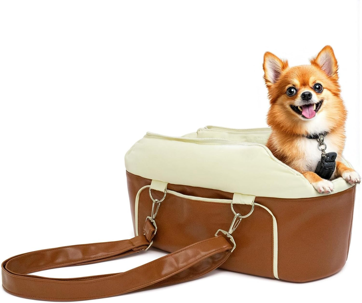 Dog Car Seat for Small Dogs, Washable Dogs Bed with Non-Slip Base, Waterproof Dog Booster Seat for Car with Storage Pockets, Pet Carseat Puppy Travel Carrier Bed (Brown)