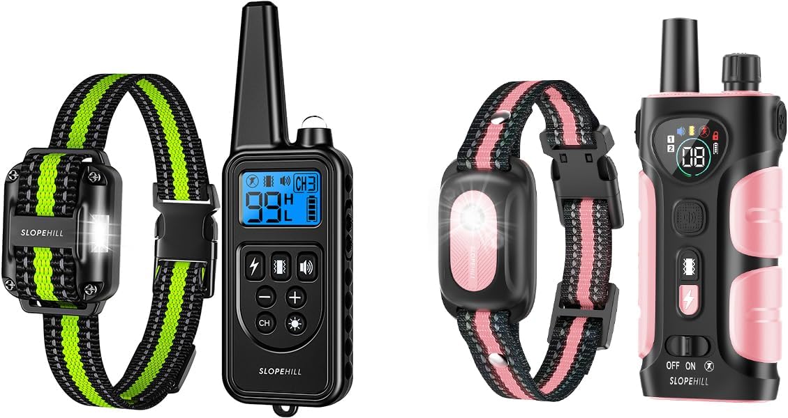 SLOPEHILL 4200 Ft Dog Shock Collar,IPX8 Waterproof Rechargeable Dog Training Collar with Remote,Electric Shock Collar for Dogs,2 Settings of Shock Collars(Green+Pink)