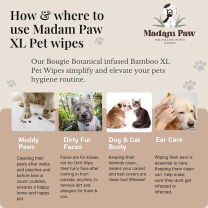 XL Organic Unscented Pet Wipes - Paws Body Butt - Plant Based Bamboo Pet Wipes - Thick Hypoallergenic & Textured for Cleansing & Gentle Hydrating Cat & Puppy Dog Wipes for Travel