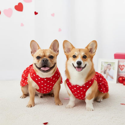 Valentine's Day Red Dog Dress, Cute White Heart Print & Satin Bow for Small Puppies, Pet Costume Party Outfit