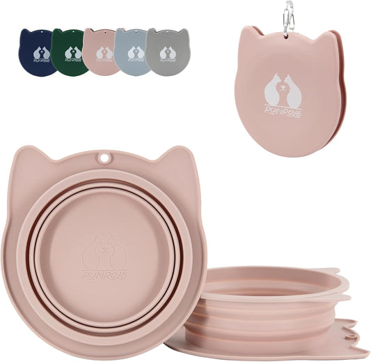 RUNROLE 2-in-1 Collapsible Silicone Dog Travel Bowls, Slot Together and Use Separately, Portable Pet Food Water Bowls, Foldable Cat Feeding Watering Dishes, 20OZ+27OZ(Blush Pink)
