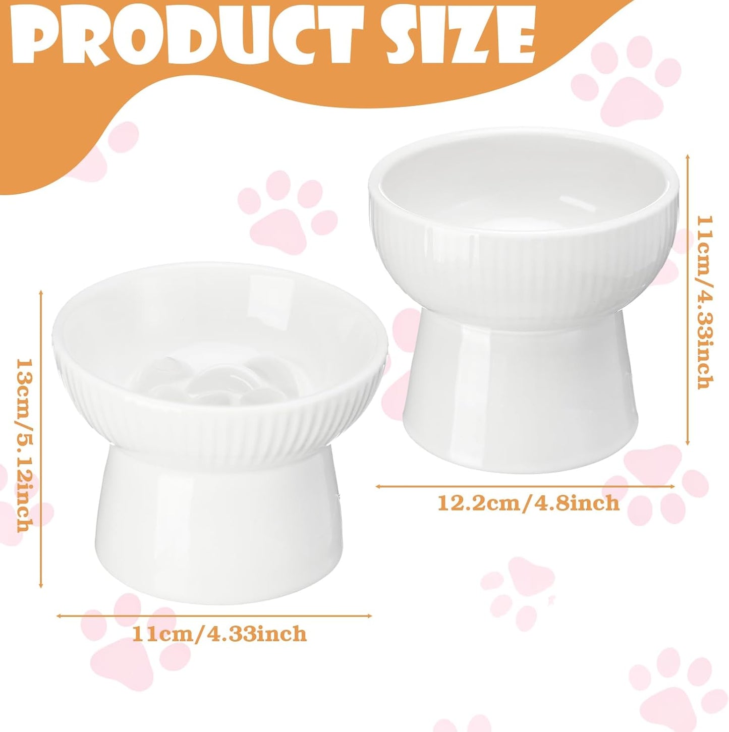 2 Pcs Raised Cat Slow Feeder Bowl Ceramic Elevated Cat Bowls, No Spill High Edge, Anti Vomiting for Pets Kitten Puppies Dry Wet Food and Water, Dishwasher Safe
