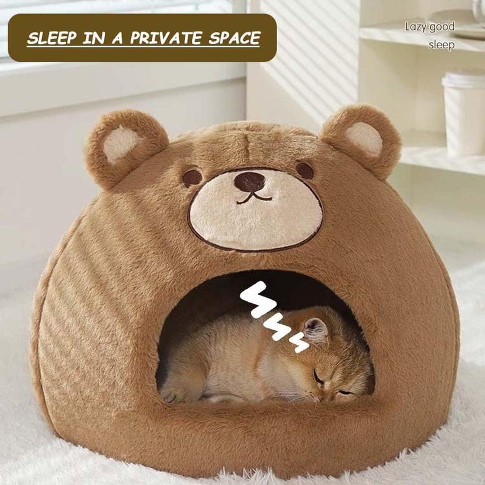 Cat Beds for Indoor Cats - Cute Cat Bed Cat Cave Bed ，Soft Calming Pet Bed with Removable Washable Cushioned Pillow，Cat Hideaway for Kitten&Puppy,Small Dog (Bear，S)