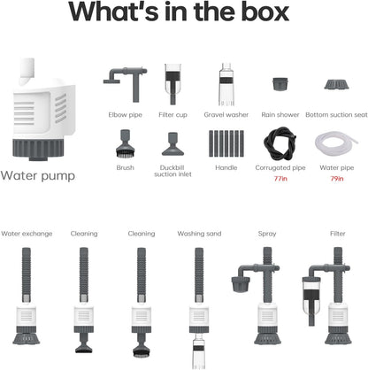 Fish Tank Cleaner, Aquarium Vacuum Gravel Cleaner Electric -6-in-1 Automatic Removable Vacuum with Adjustable 30W Motor Efficient Cleaning White1