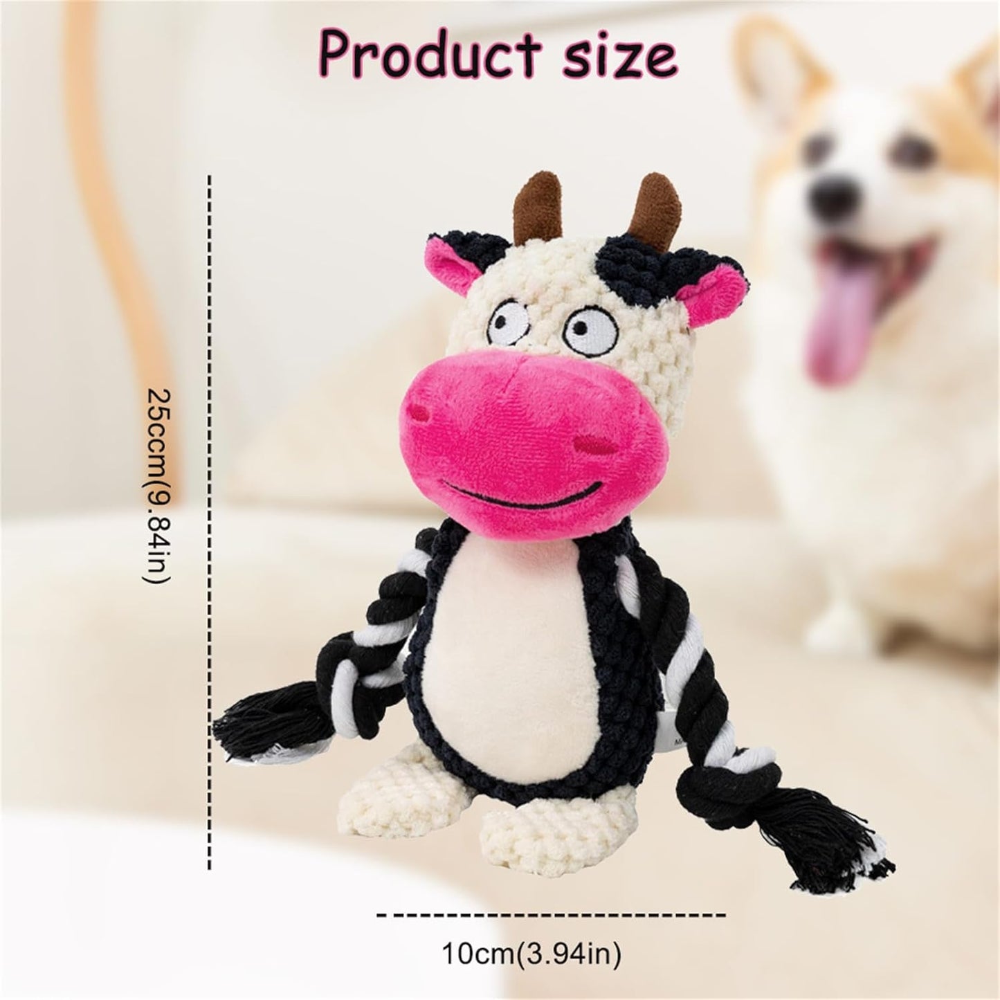 Plush Dog Chew Toys,Squeaky Dog Toys for Aggressive Chewers, Stuffed Animals Dog Toys for Small Medium Large Dogs to Keep Them Busy Puppy Teething Toys（Cow）