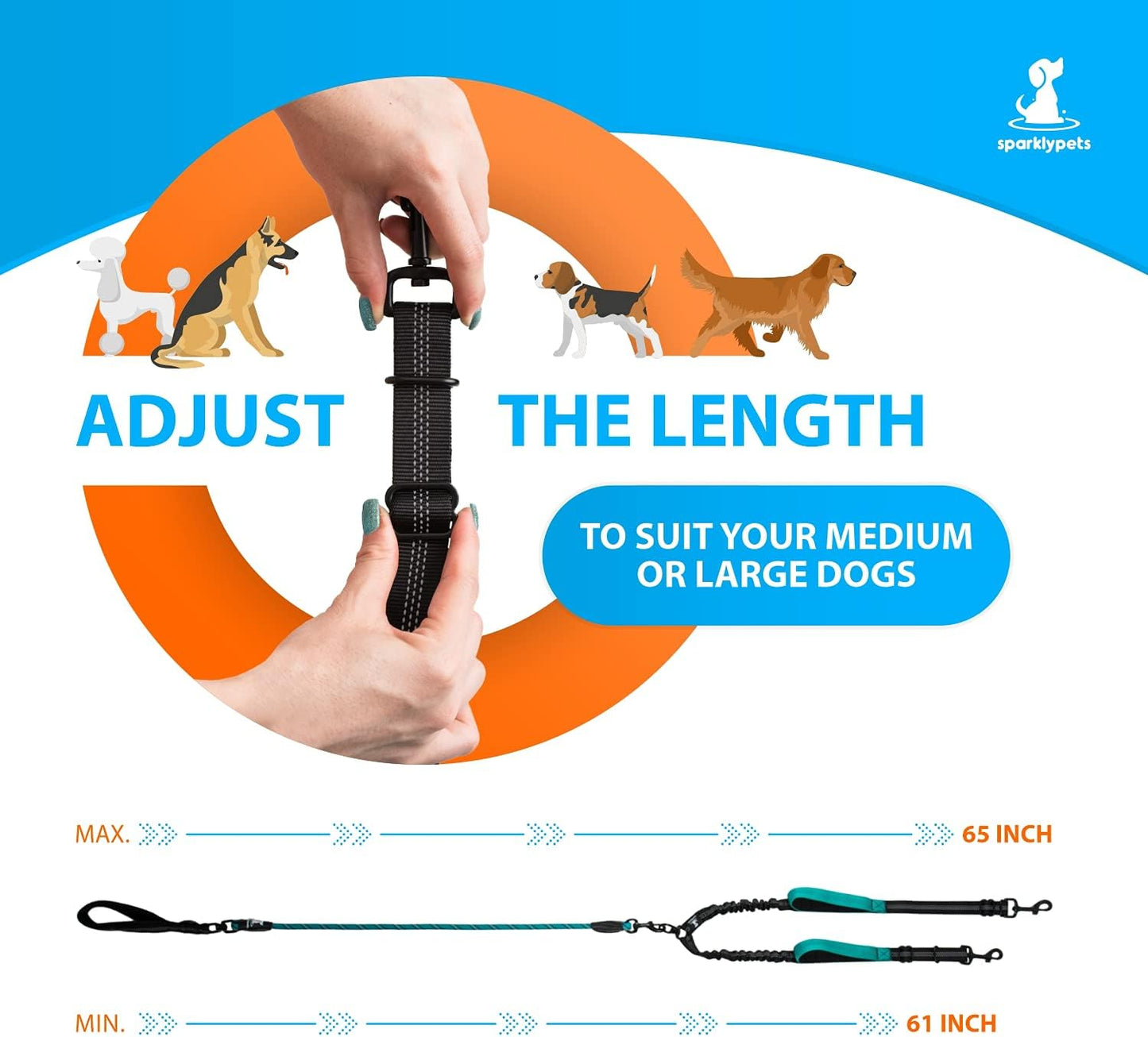 SparklyPets Double Dog Leash for 2 Dogs – Rope Bungee Dual Leash for Medium and Large Breeds with Padded Handles & Tangle Free (Teal, Medium/Large)