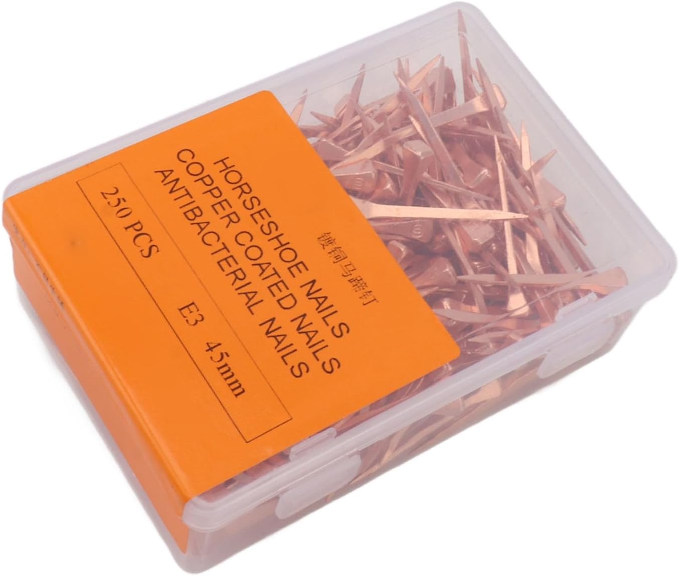 250Pcs Horseshoe Nails Copper Plated, Equestrian Riding Equipment, Rustproof Horseshoe Nails for Horse Hoof Health, Durable Copper Plated Nails with Storage Box, Professional Eques (45mm E3)