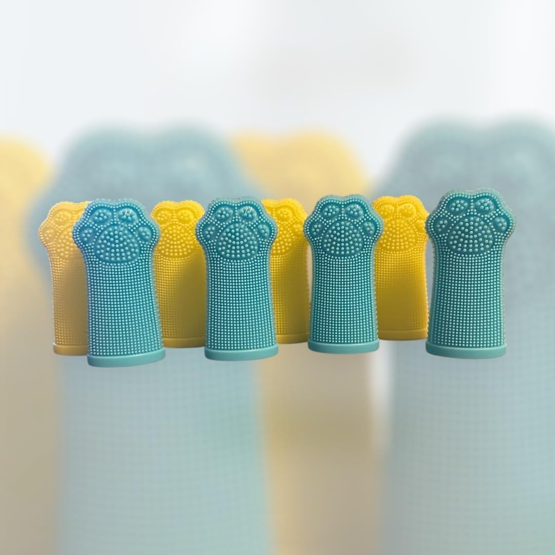Dog Toothbrush PAW, 360 Tooth Brushing Kit, Cat Toothbrush, Dog Teeth Cleaning, Finger Tooth brush, Dental Care, Small & Large Pets, Toothpaste Not Included (Blue Yellow, 8 Count (pack of 8))