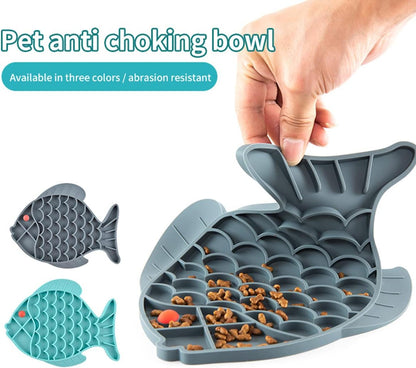 Slow Feeder Cat Bowls, 2 Pack Fish-Shaped Silicone Puzzle Feeders for Healthy Eating & Anxiety Relief - Lick Treat Mat for Dogs & Cats (Blue+Grey)