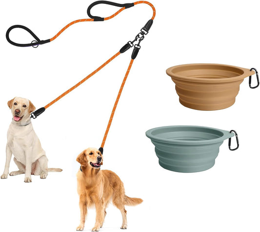 PetBonus Rope Double Dog Leash and 2-Pack Large Silicone Collapsible Dog Bowls