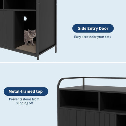 GAOMON Modern Cat Litter Box Enclosure with Metal Frame, Hidden Cat Litter Box Side Table with Dual Storage Shelves, Multi-Functional Indoor Cat House Cabinet for Living Room & Bedroom, Black