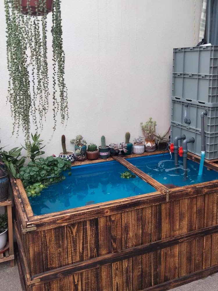 Above Ground Fish Pond,Solid Wood Frame Koi Tank with Drain Valve,Canvas Turtle Pool,Wooden Aquarium for Koi Carp or Hydroponic Cultivation 47 * 31.5 * 27.5in / 137Gal