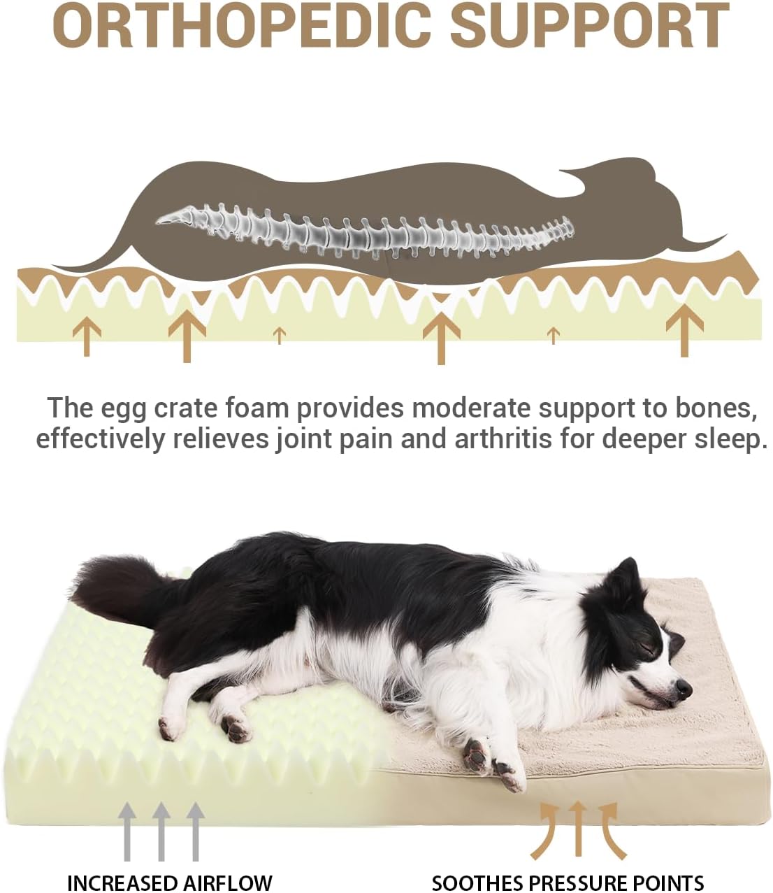 KSIIA Orthopedic Dog Bed Crate Waterproof Pet Mats for Large Dogs Deluxe Plush Washable Pet Bed with Egg Crate Foam & Removable Cover, 41 x 27 Inch, Khaki