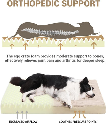 KSIIA Orthopedic Dog Bed Crate Waterproof Pet Mats for Large Dogs Deluxe Plush Washable Pet Bed with Egg Crate Foam & Removable Cover, 41 x 27 Inch, Khaki