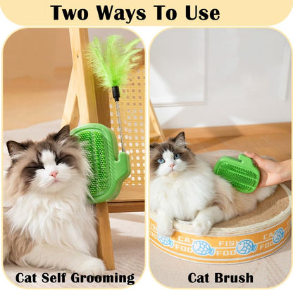 3 in 1 Cat Self Groomer Brush, Cactus Style Wall Corner Massage Comb Scratcher with Feather Toys & Catnip Ball for Indoor Cats, Pet Tickling Artifact, Cat Face Scratchers for Fur Pets