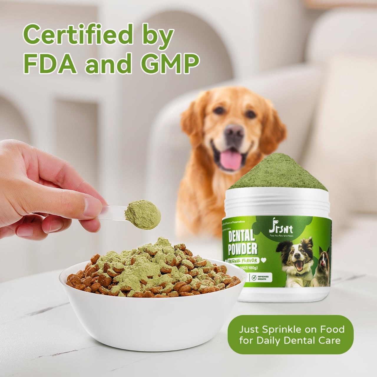 Dog Dental Powder, Dog Teeth Cleaning Powder, Natural Herbal Blend with 5 probiotics, Plaque Off Pet Tooth Cleaning, Bad Breath & Tartar Remover for Dogs & Cats, All Breeds-Mint（180g ）