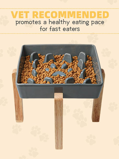 GDCZ Dog Slow Feeder Bowls, Square Ceramic Pet Food Bowl for Medium Breed, Fun Dog Bowls to Slow Down Eating (Grey, M-1.8 Cups+Stand)
