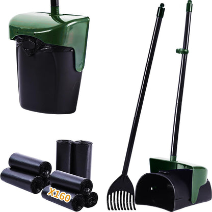 Pooper Scooper Large Swivel Bin & Rake with 160 Waste Bags,Heavy Duty Dog Pooper Scooper with Bag Attachment for Dogs, Long Handle Poop Scooper with Lid for Yard, Grass, Gravel(Dark Green)
