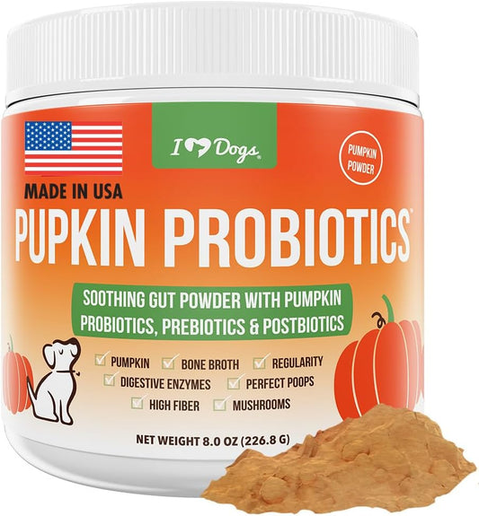 iHeartDogs Pupkin Probiotics, Prebiotics, & Postbiotics for Dogs with Pumpkin, Gut Soothing Bone Broth & Mushrooms - 30 Scoops