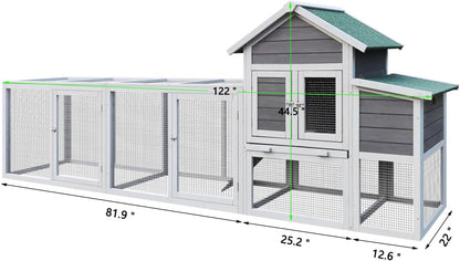 122" Large Gray Wood Chicken Coop Hen House Pet Rabbit Hutch Wooden Pet Cage Backyard with Nesting Box Gray Large Space Backyard Use Durable
