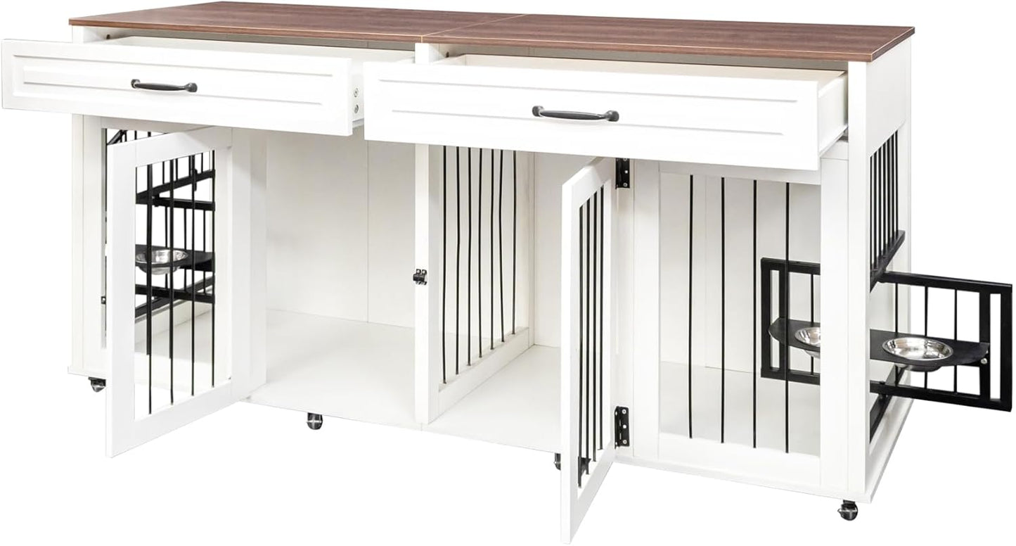 GREAZ Creates Stylish Comfort for Dogs with Heavy Duty Dog Cage, Double Door Design, Space-Saving Furniture Style, White and Walnut