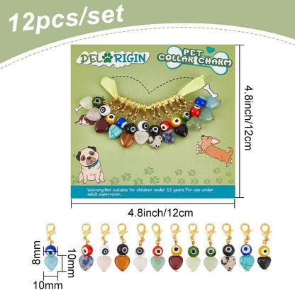 12pcs Evil Eye Heart Collar Pendants for Cat Dog, Gemstone Jewelry Charms Lampwork Pet Collar Pendants Clip-on Charms for Bag Decor Keychain Pet Necklace Training Home Decoration